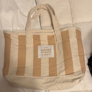 Summer Fridays Tan and Cream Striped Canvas Tote